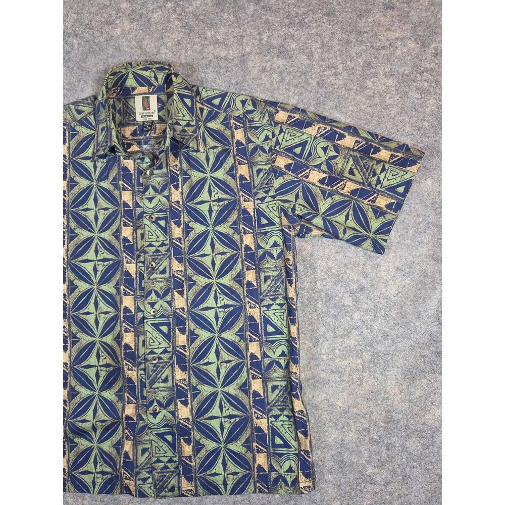 Tori Richard Honolulu Mens Medium Blue Green Tribal Geometric Cotton Aloha Shirt - Picture 3 of 9